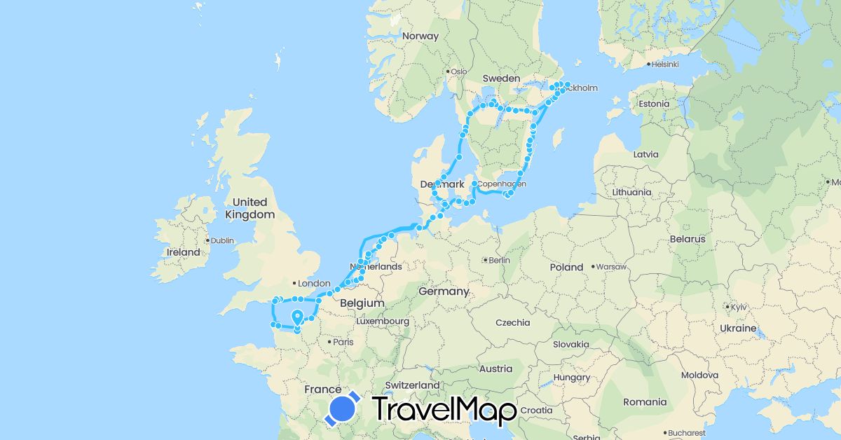 TravelMap itinerary: driving, boat in Belgium, Germany, Denmark, France, United Kingdom, Netherlands, Sweden (Europe)