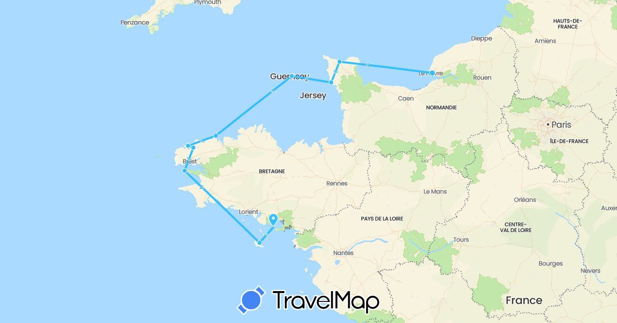 TravelMap itinerary: driving, boat in France, Guernsey (Europe)